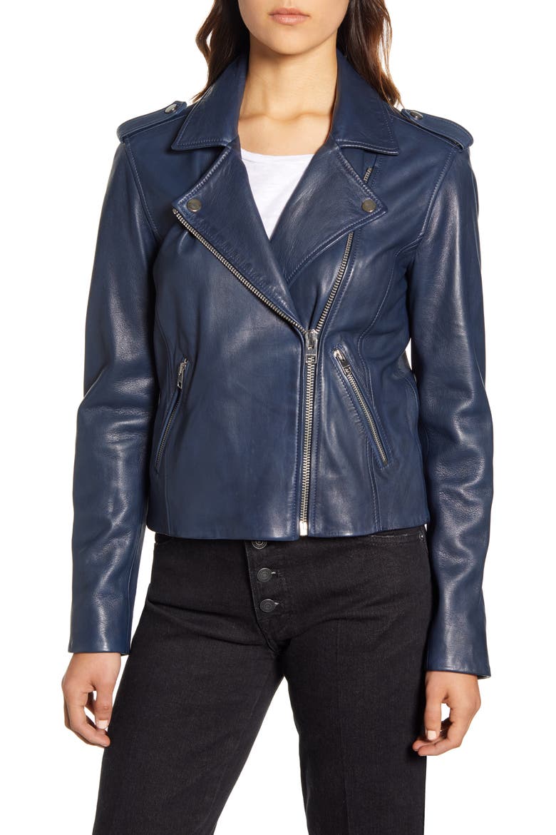 Core Leather Moto Jacket, Alternate, color, NAVY BLUE
