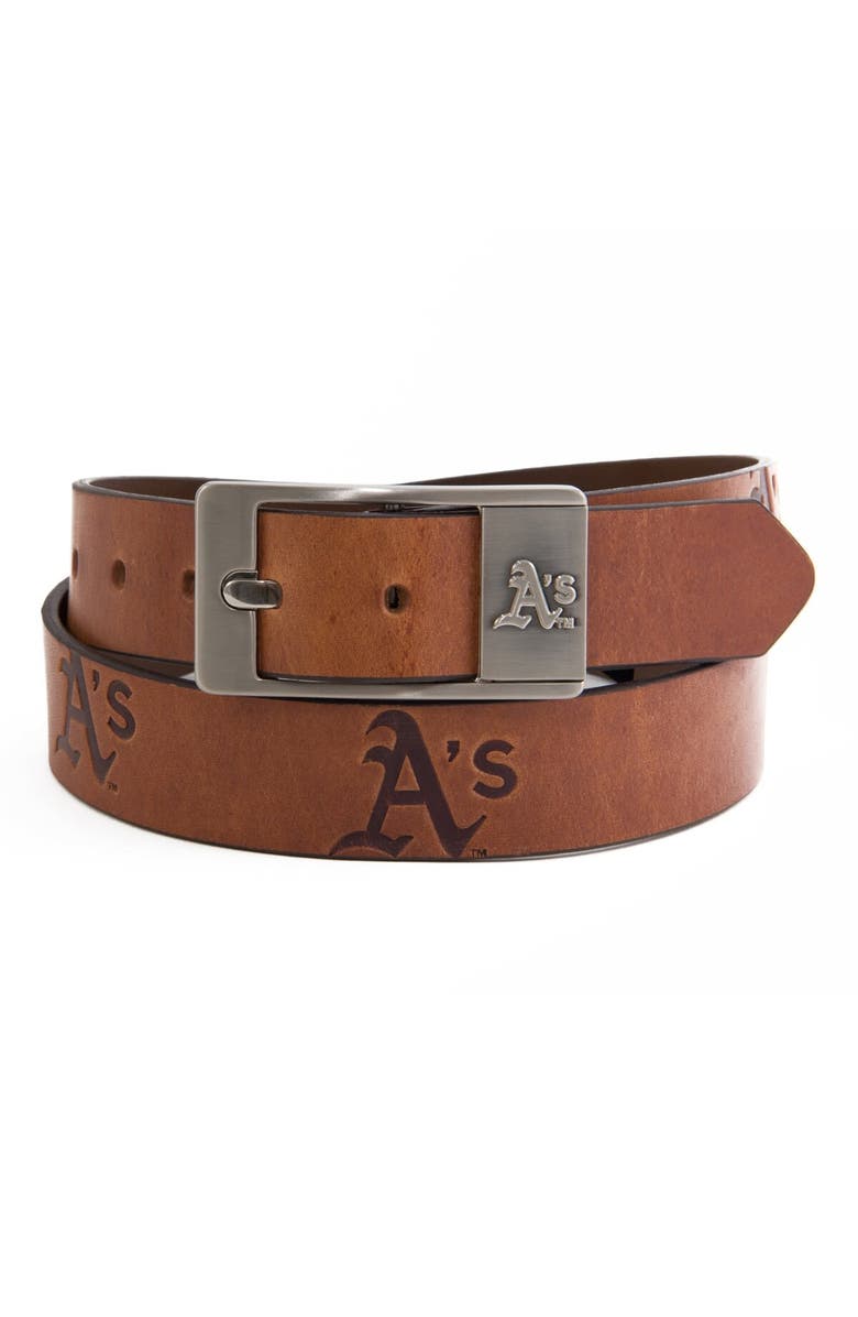 EAGLES WINGS Oakland Athletics Brandish Leather Belt, Main, color, Brown
