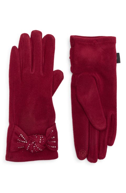 Rhinestone Bow Faux Suede Gloves