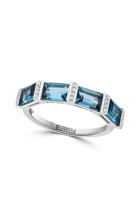 14K White Gold London Blue Topaz Diamond Bar Band Ring
