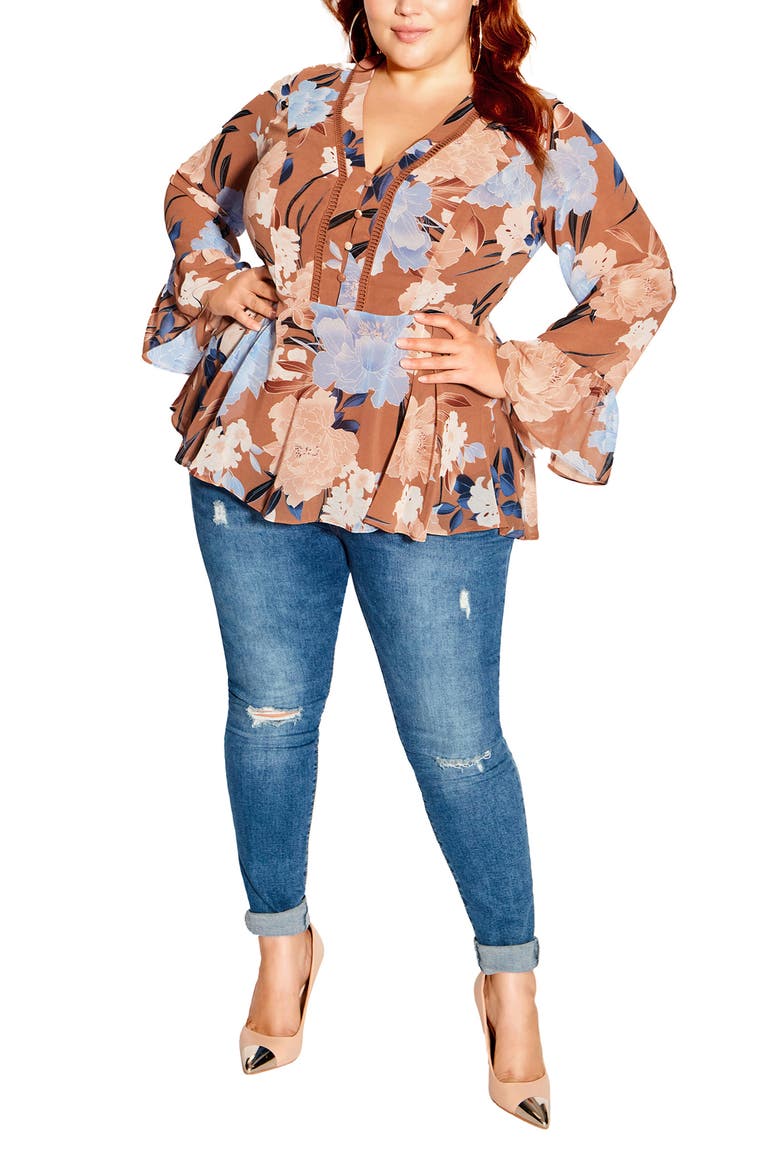 Caroline Floral V-Neck Tunic Top, Alternate, color, FUDGE TENDER FL