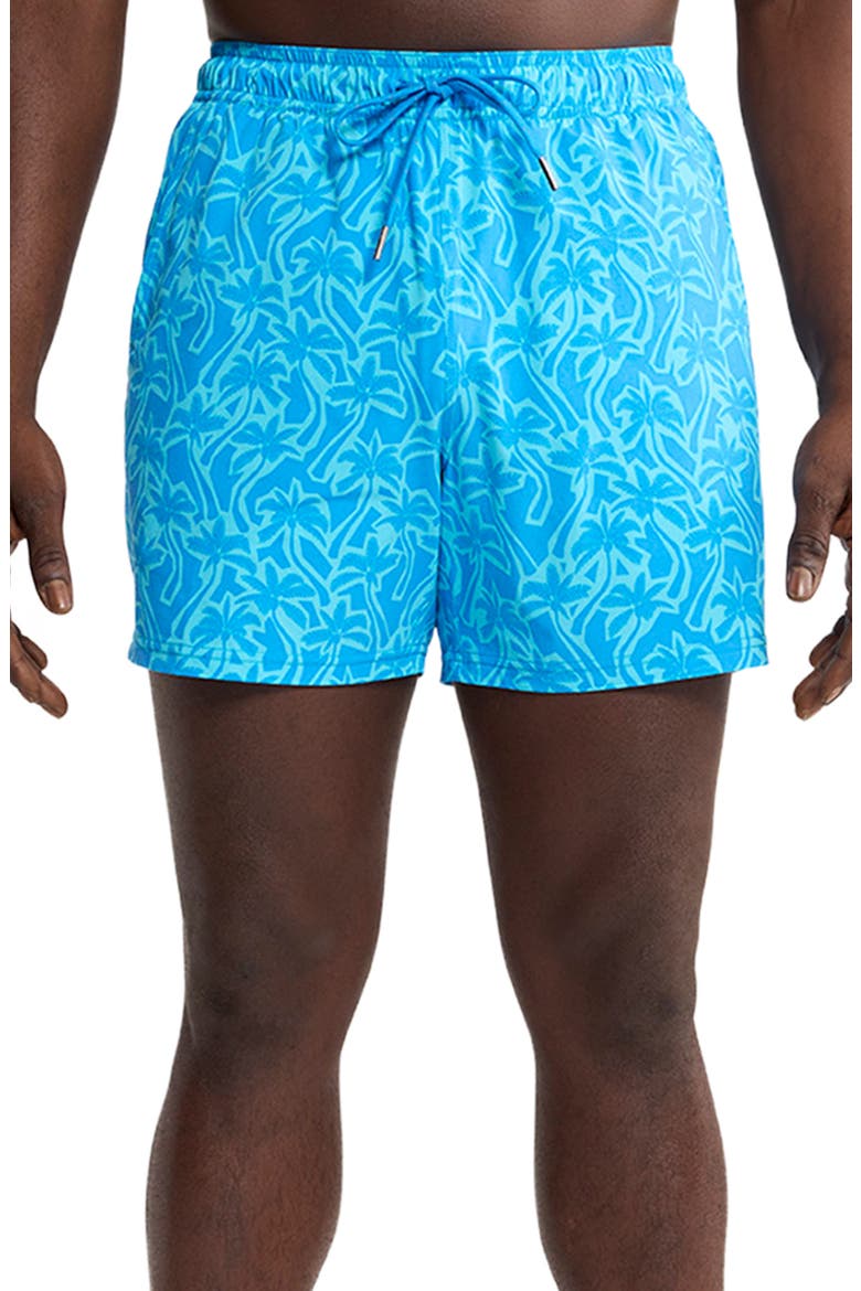 The Bungalow Water Repellent Swim Trunks, Main, color, TURQUOISE CUTOUT PALMS