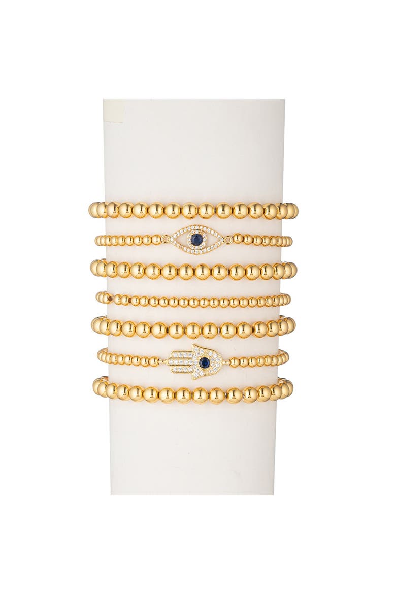Evil Eye Hamsa Titanium Gold Stretch Beaded Bracelets - Set of 7 , Main, color, GOLD