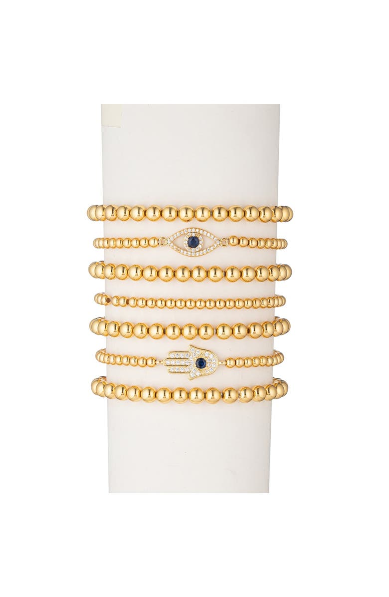EYE CANDY LOS ANGELES Evil Eye Hamsa Titanium Gold Stretch Beaded Bracelets - Set of 7, Main, color, Gold
