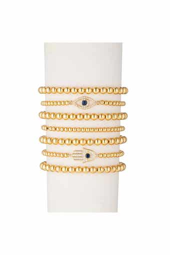 Evil Eye Hamsa Titanium Gold Stretch Beaded Bracelets - Set of 7