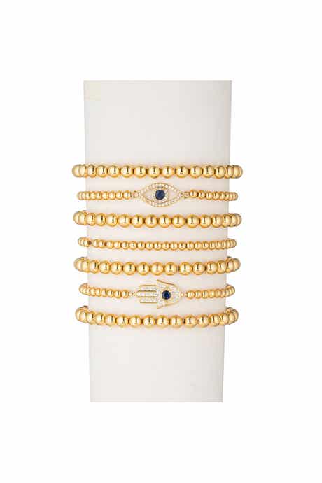 EYE CANDY LOS ANGELES Evil Eye Hamsa Titanium Gold Stretch Beaded Bracelets - Set of 7
