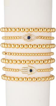 EYE CANDY LOS ANGELES Evil Eye Hamsa Titanium Gold Stretch Beaded Bracelets - Set of 7