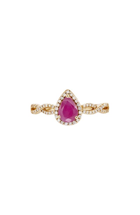 10K Yellow Gold Pear Cut Ruby & Diamond Halo Ring