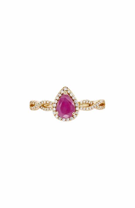 Frankie & Zoe 10K Yellow Gold Pear Cut Ruby & Diamond Halo Ring