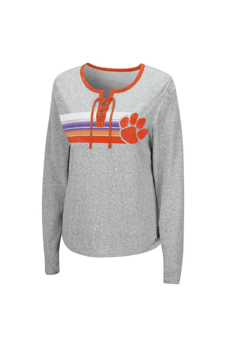 COLOSSEUM Women's Colosseum Heathered Gray Clemson Tigers Sundial Tri-Blend Long Sleeve Lace-Up T-Shirt, Alternate, color,