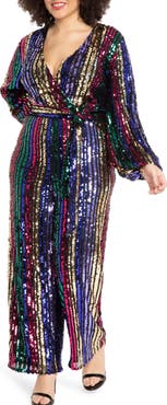 ELOQUII Multicolor Stripe Sequin Jumpsuit