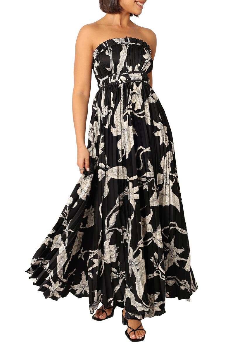 Petal & Pup Angelique Floral Strapless Pleated Maxi Dress, Main, color, Black Floral