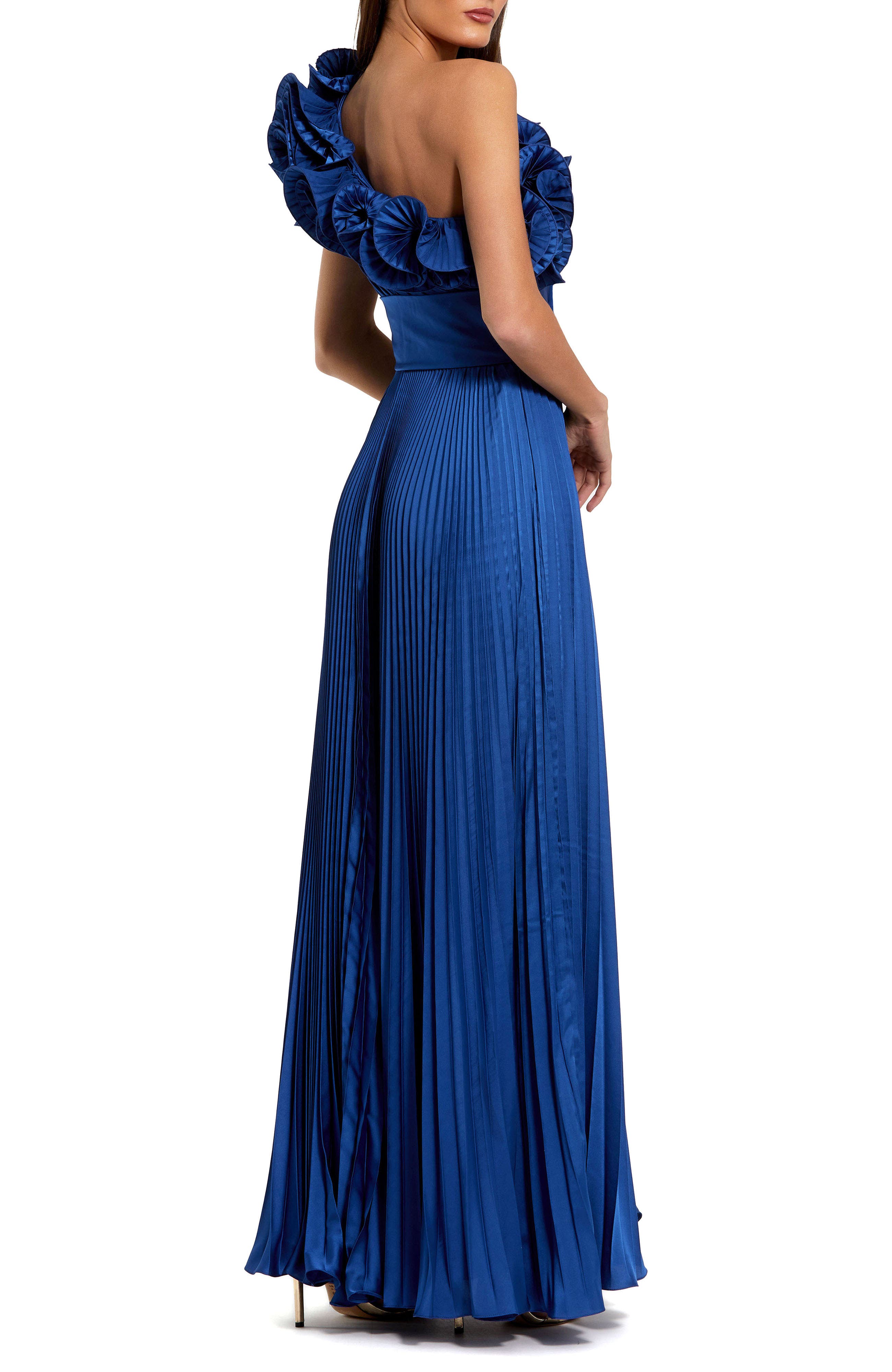 Pleated Charmeuse One Shoulder Ruffle Gown - image 2