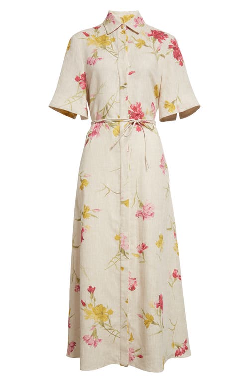 Shop Erdem Floral Print Belted Linen Shirtdress In Dancing Carnation Multi