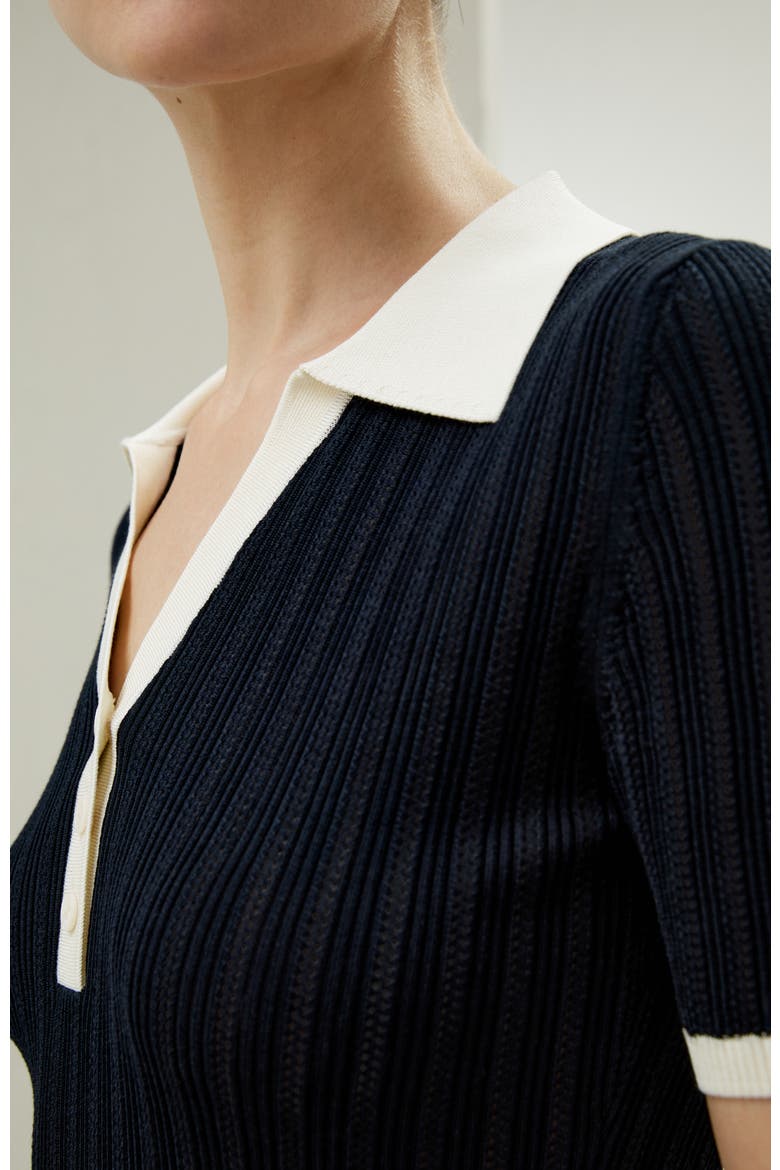 Women's V Neck Ribbed Silk Knit Top, Alternate, color, Navy Blue