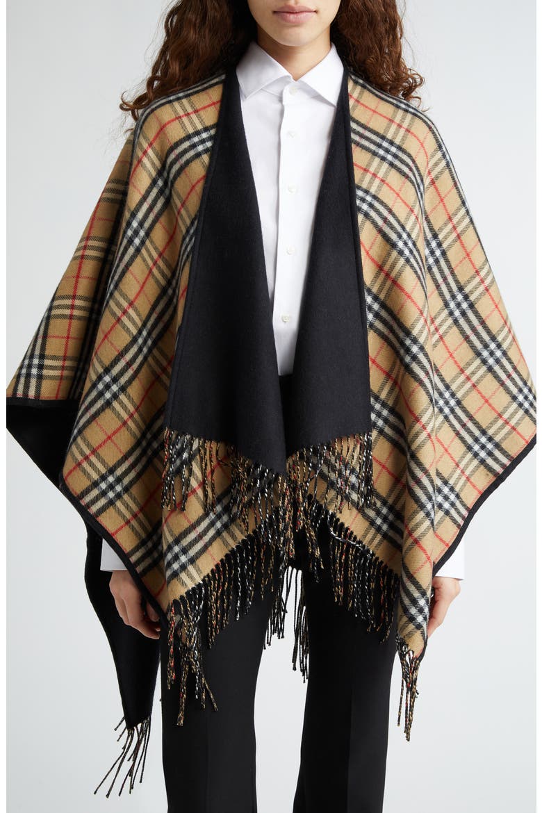 Reversible Open Front Wool Cape, Alternate, color, BLACK CHECK