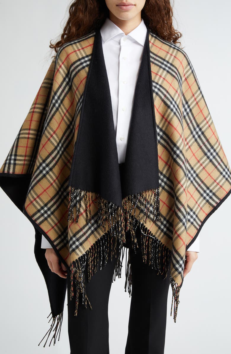 Burberry Reversible Open Front Wool Cape, Alternate, color, Black Check