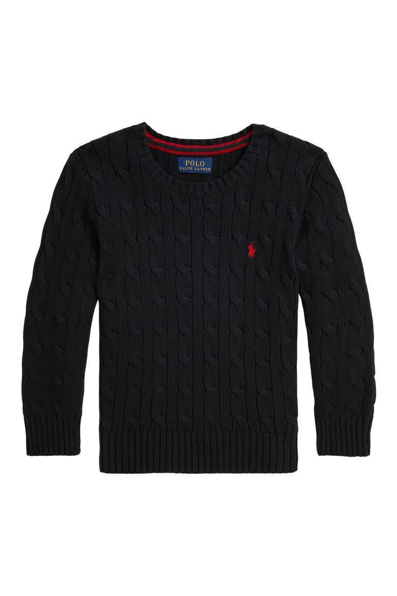 Kids' Cable Knit Cotton Crewneck Sweater, Main, color, POLO BLACK