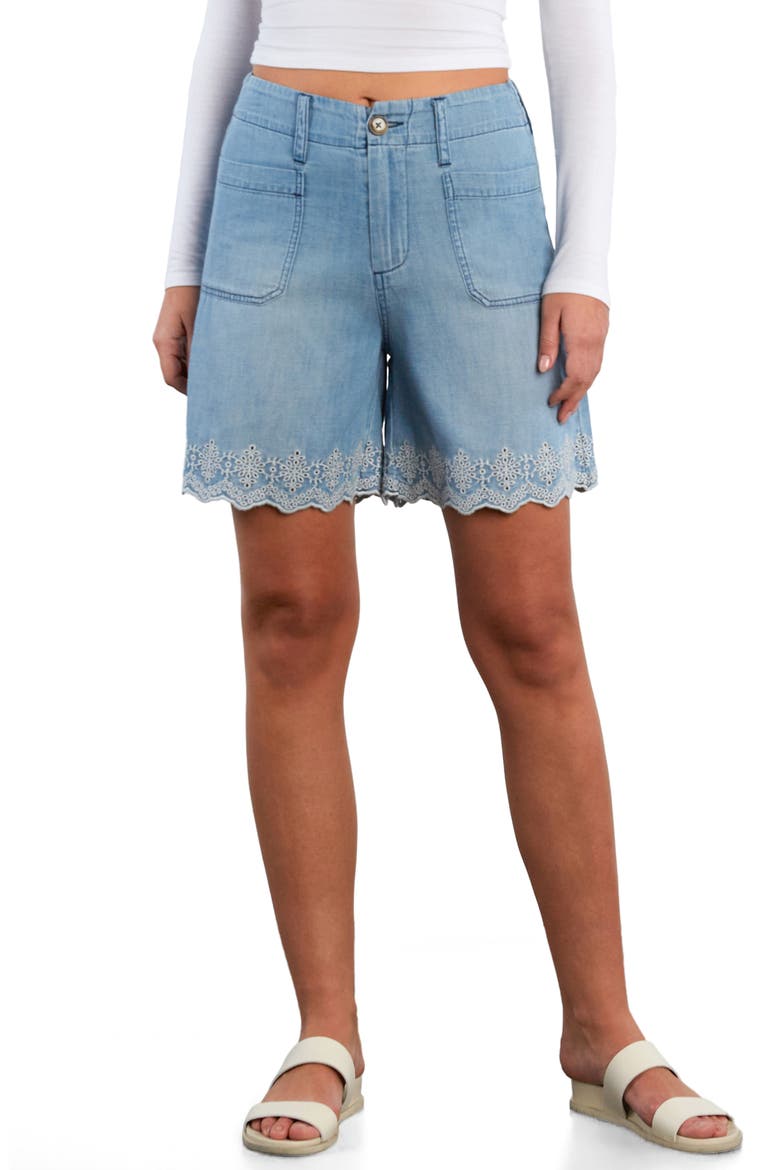 Embroidered Scallop Denim Shorts, Main, color, PURE DENIM