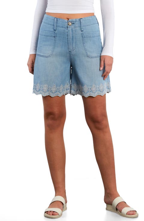 Embroidered Scallop Denim Shorts