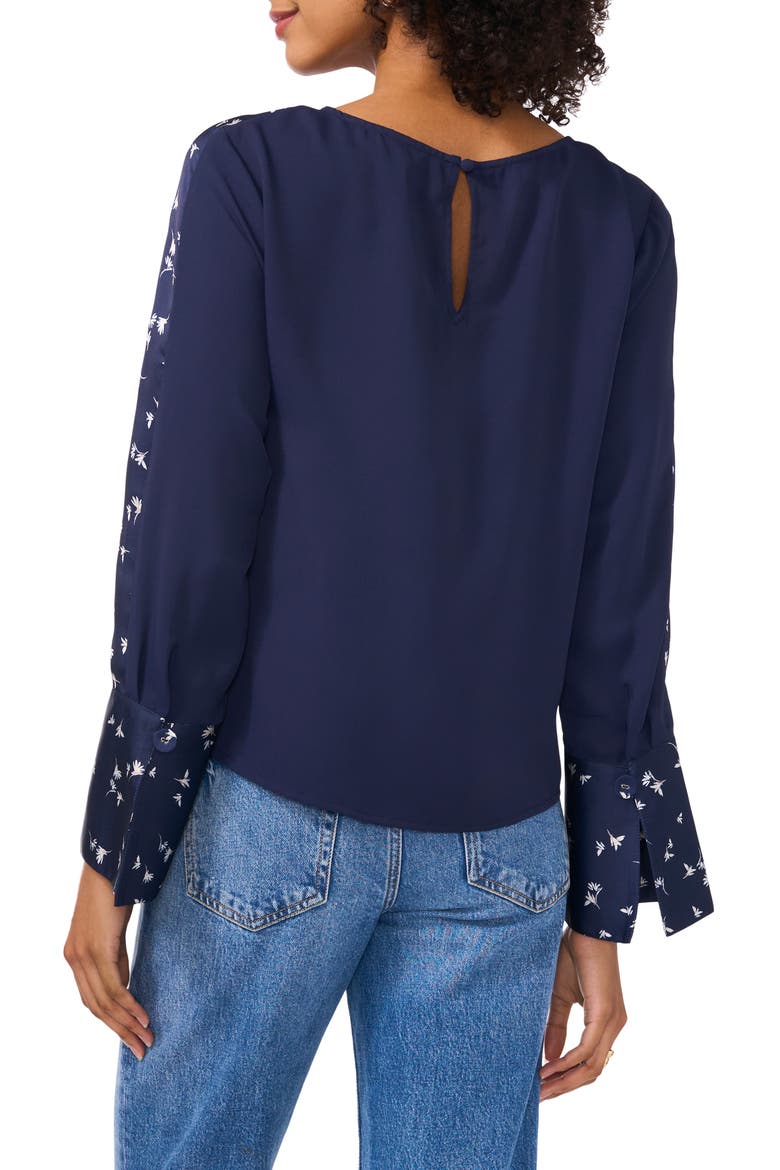 Floral Accent Flare Cuff Top, Alternate, color, CLASSIC NAVY