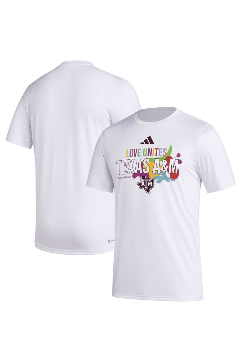 Men's adidas x Rich Mnisi Pride Collection White Texas A&M Aggies Pregame AEROREADY T-Shirt, Main, color, White