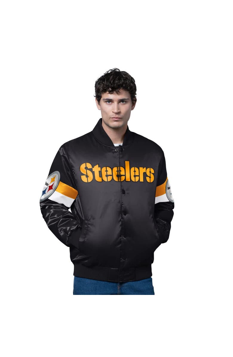 STARTER Men
s Starter Black Pittsburgh Steelers Triple Option Satin Varsity Full-Snap Jacket, Main, color, Black