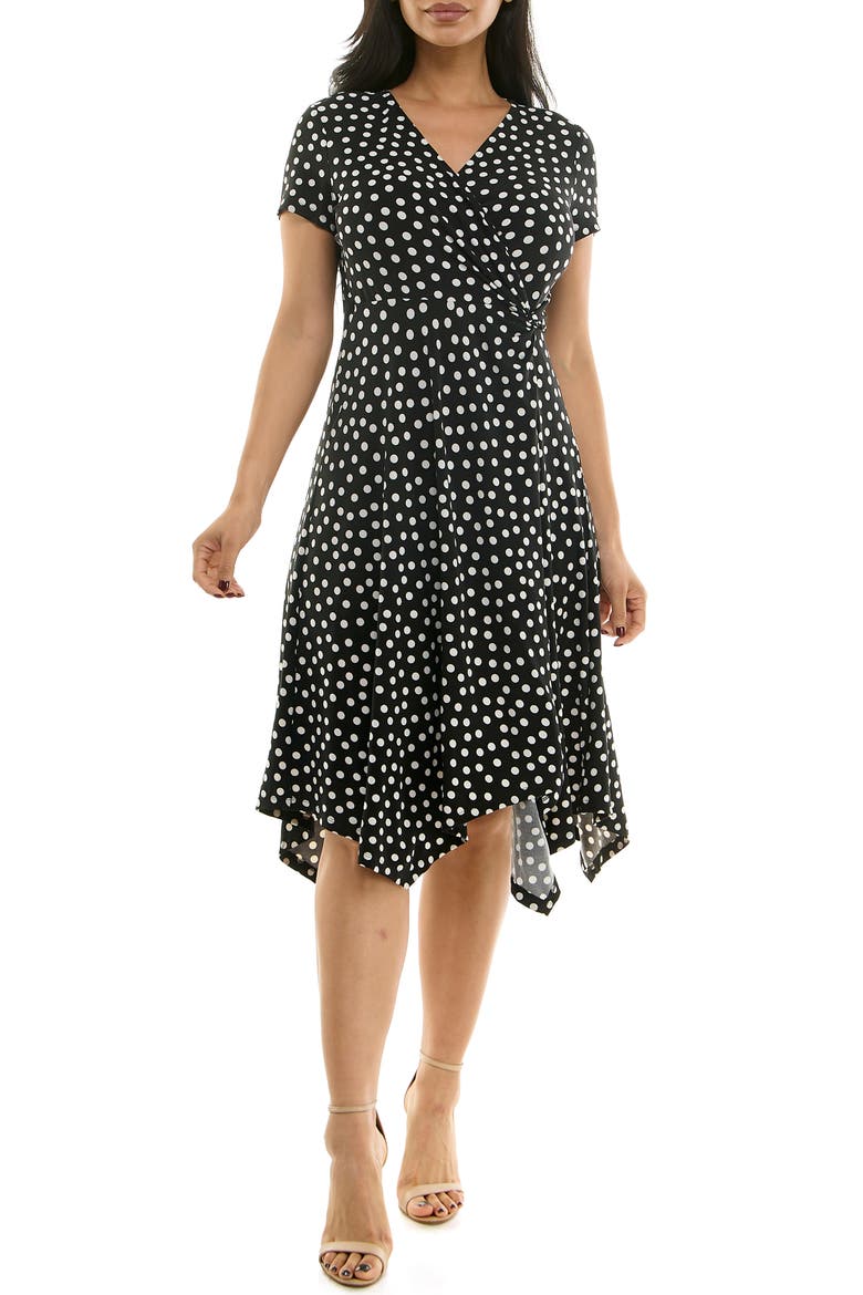 Faux Wrap Handkerchief Dress, Main, color, BLACK/ VANILLA ICE