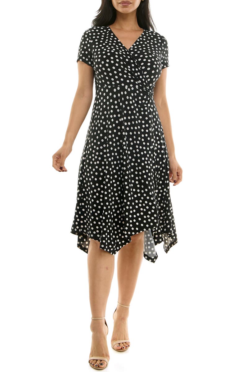 Nina Leonard Faux Wrap Handkerchief Dress, Main, color, Black/ Vanilla Ice