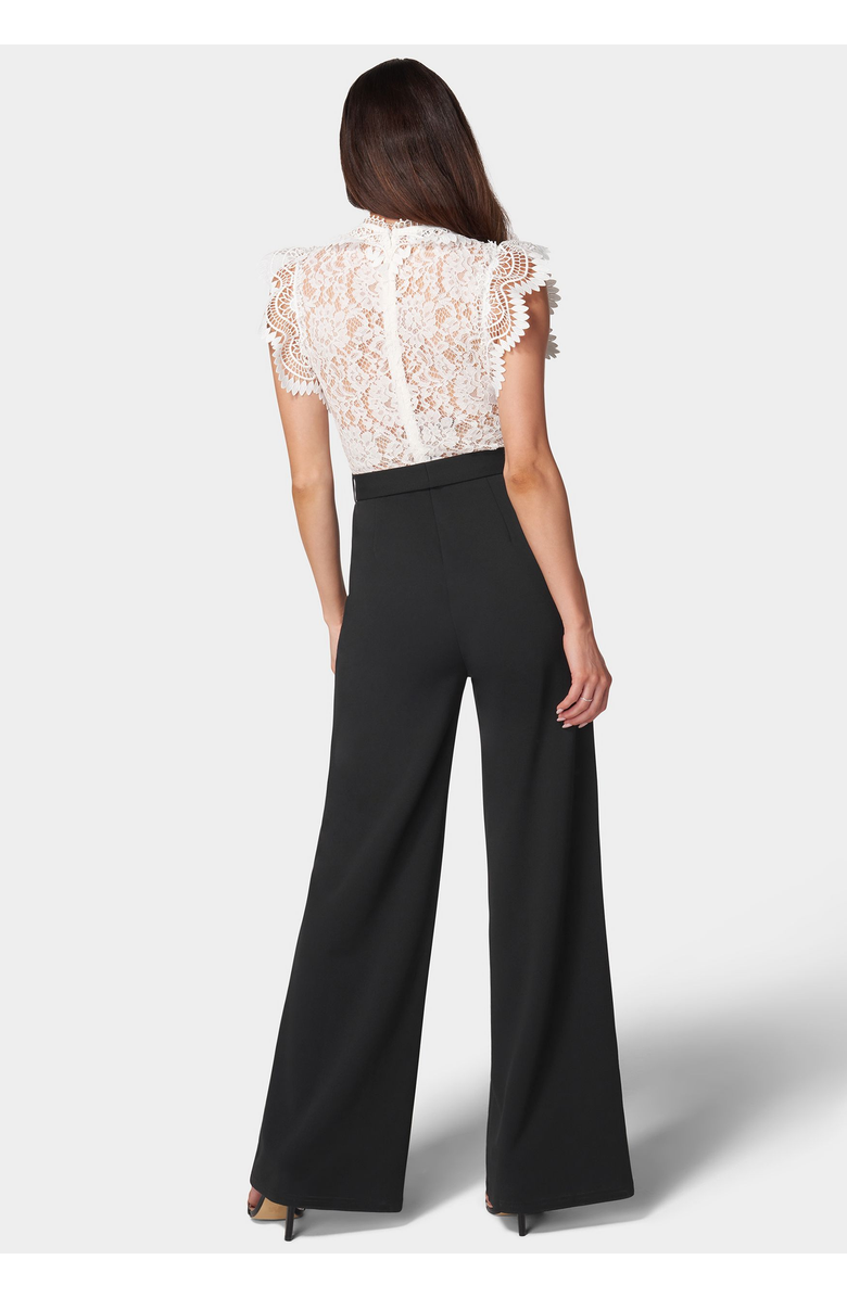 bebe Ruffle Lace Jumpsuit, Alternate, color, White/Black