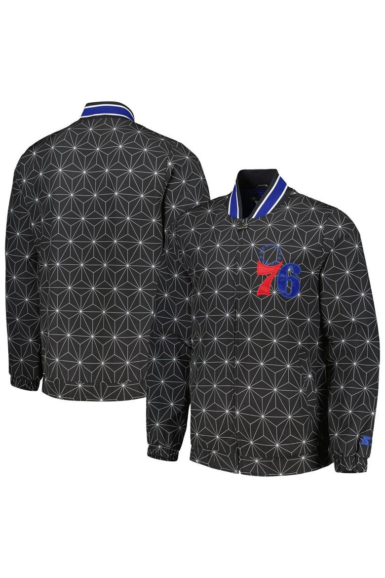 Men's Starter Black Philadelphia 76ers In-Field Play Fashion Satin Full-Zip Varsity Jacket, Main, color, Black