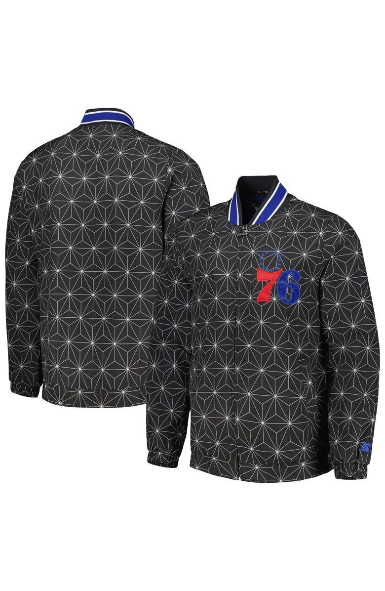 STARTER Men's Starter Black Philadelphia 76ers In-Field Play Fashion Satin Full-Zip Varsity Jacket, Main, color, Black