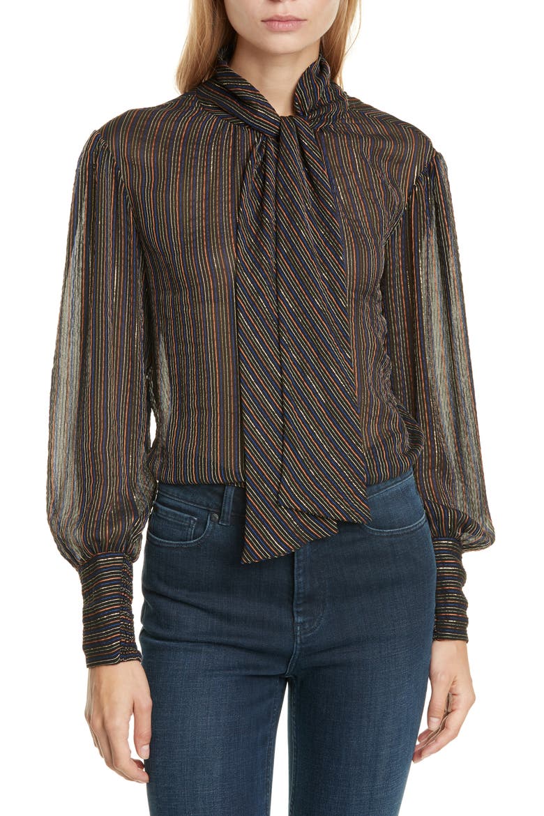 Metallic Stripe Tie Neck Silk Blend Blouse, Main, color, BLACK COMBO