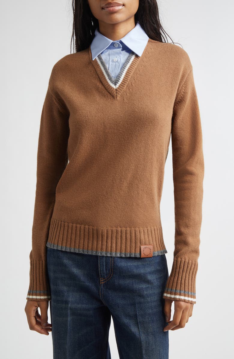 Stella McCartney Hybrid Knit Virgin Wool & Cotton Shirting Sweater, Main, color, Caramel