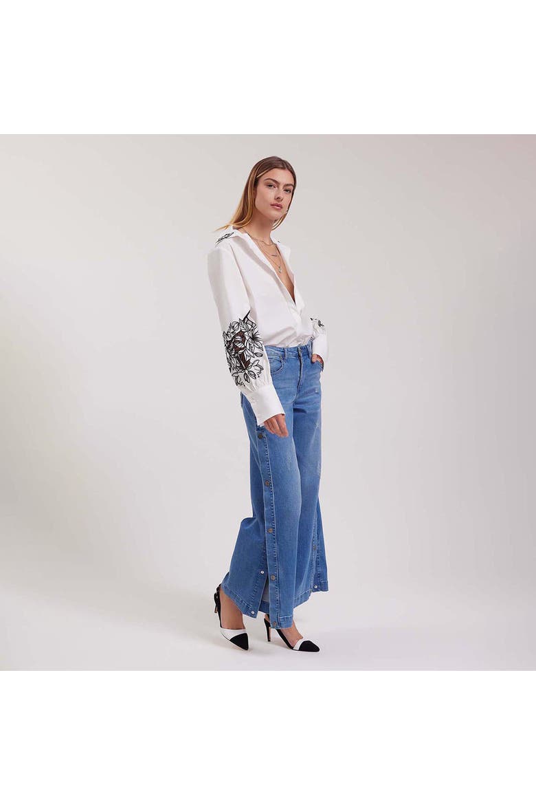 Women's Shirt  Leonie White Long Sleeve Cotton Poplin Shirt With Black Embroidered Flowers, Alternate, color, Black/White