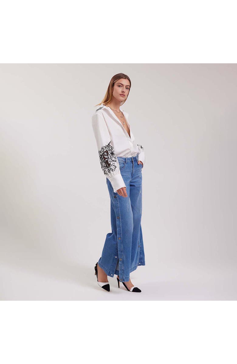 Anne Fontaine Women's Shirt  Leonie White Long Sleeve Cotton Poplin Shirt With Black Embroidered Flowers, Alternate, color, Black/White