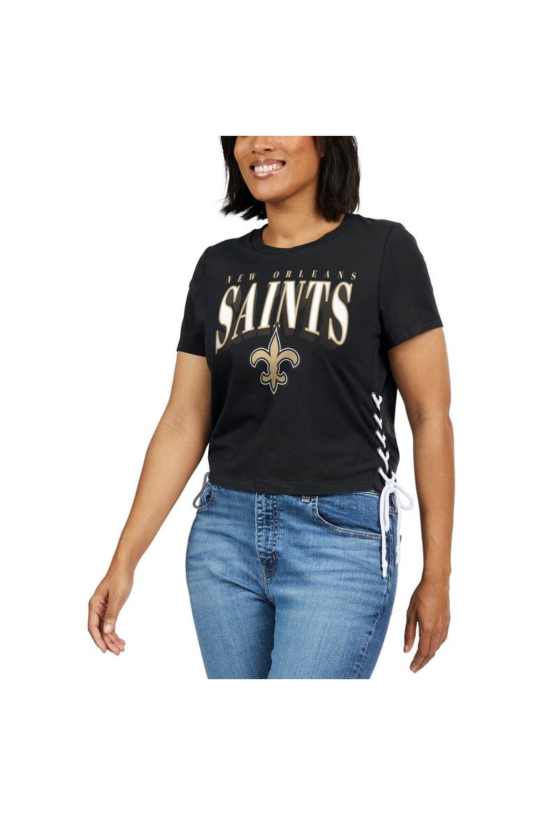 Women's WEAR by Erin Andrews Black New Orleans Saints Lace Up Side Modest Cropped T-Shirt, Alternate, color, Black