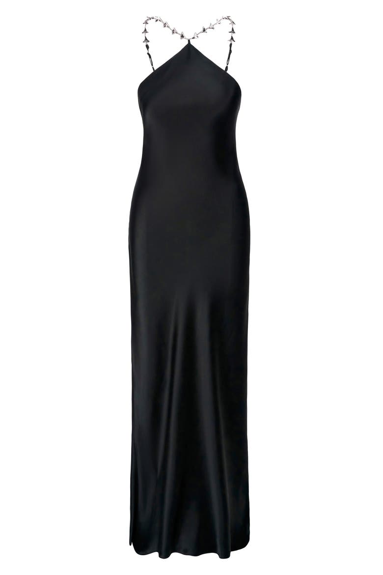 Cadence Shark Tooth Strap Satin Maxi Dress, Alternate, color, BLACK