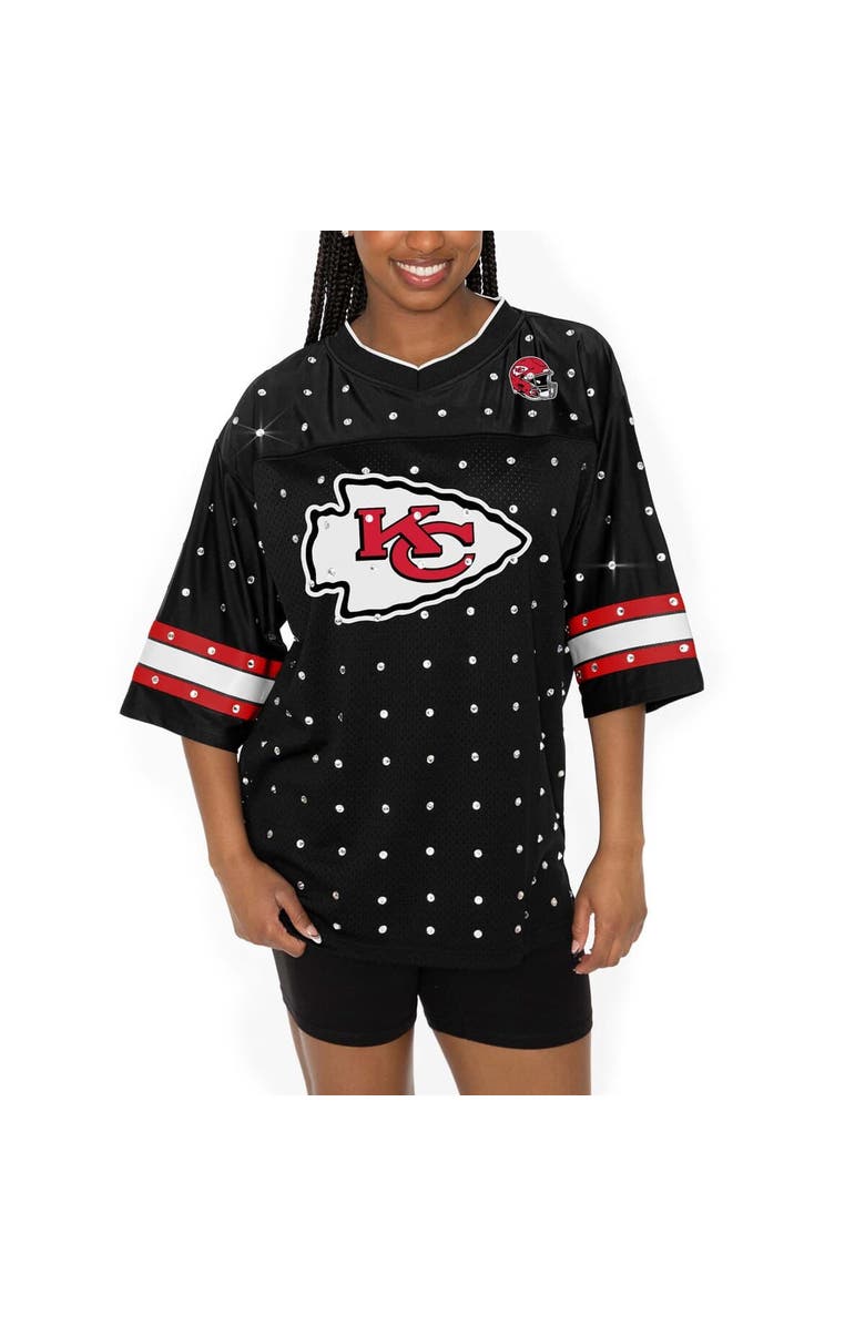 GAMEDAY COUTURE Women's Gameday Couture Black Kansas City Chiefs Kickoff Time Allover Rhinestone Sports Stripe Jersey V-Neck T-Shirt, Main, color, 