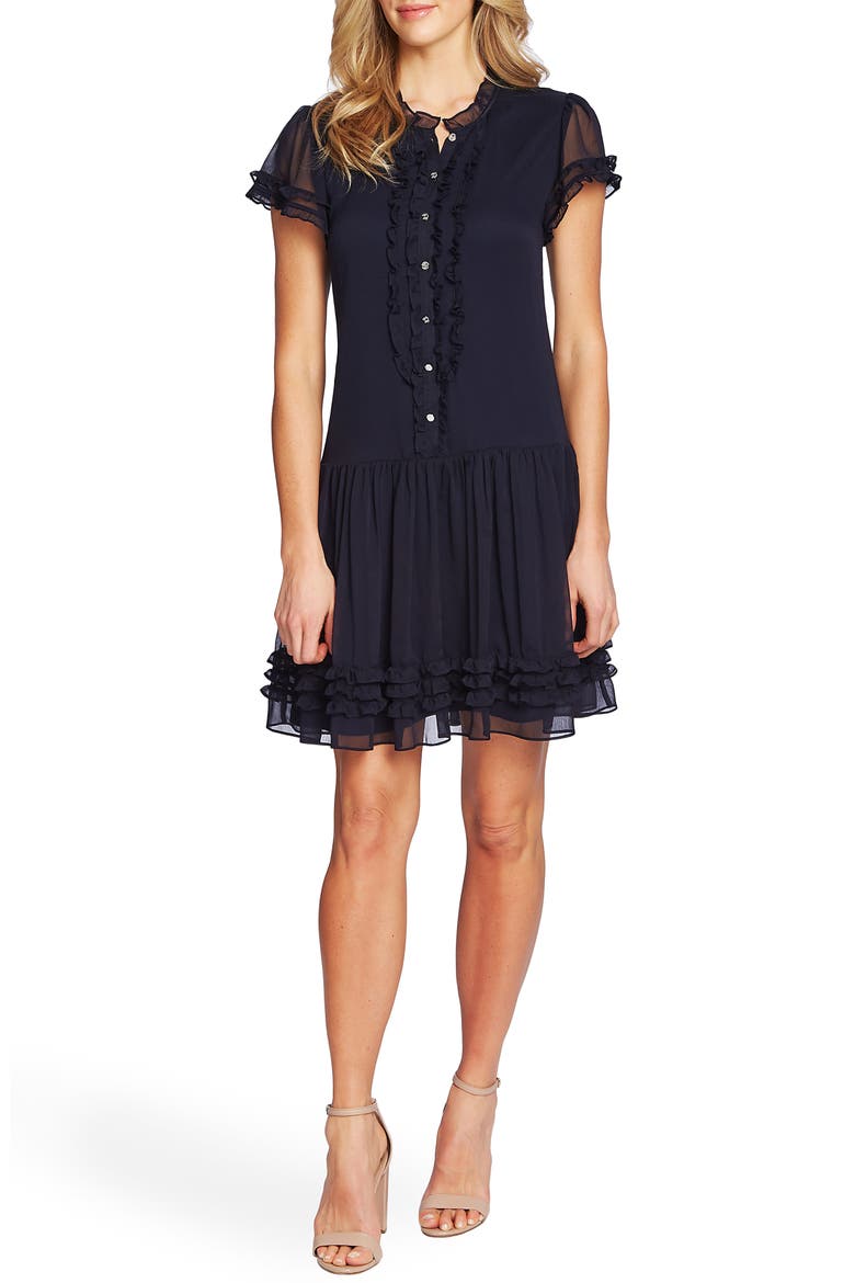Ruffle Detail Drop Waist Dress, Main, color, CAVIAR