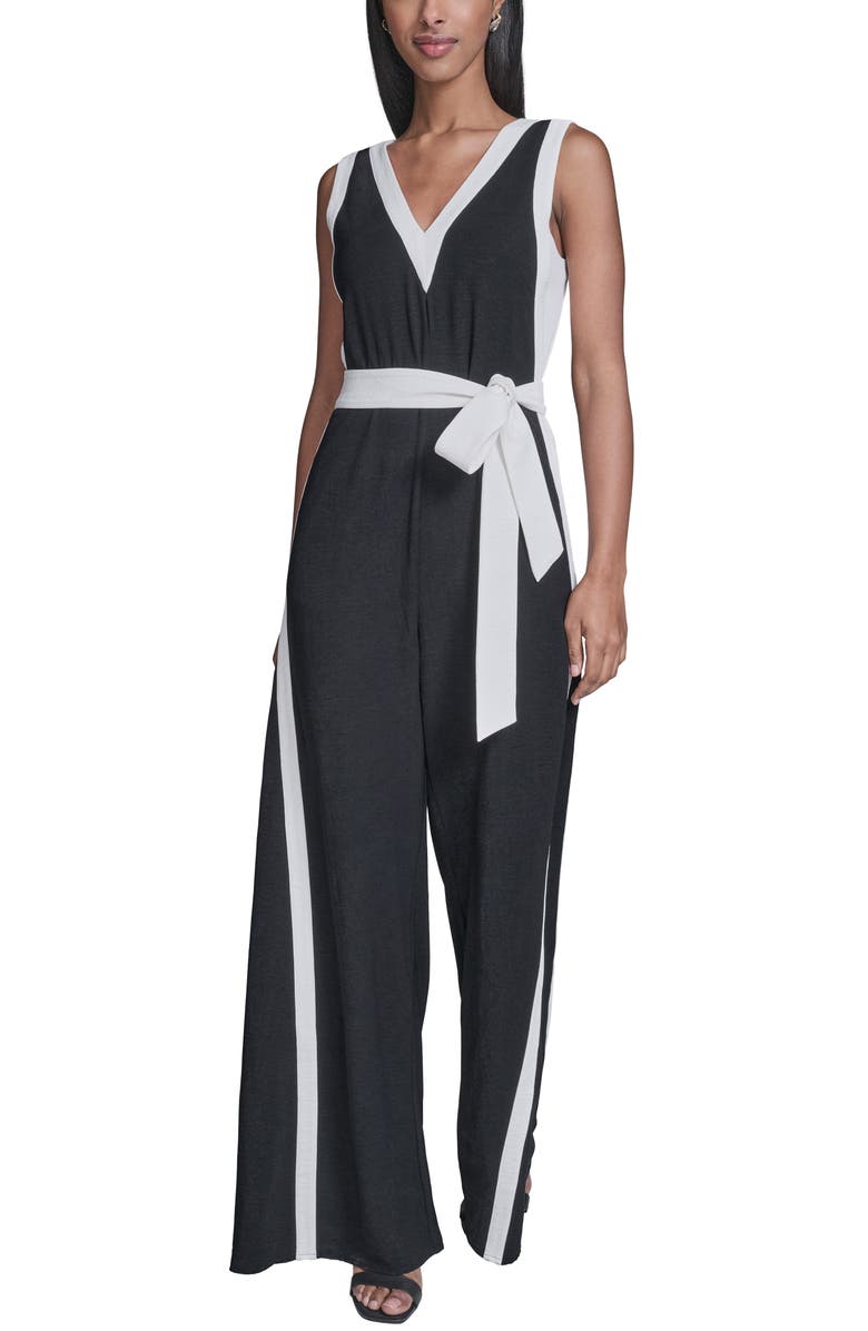 KARL LAGERFELD Aerowash Sleeveless Tie Waist Wide Leg Jumpsuit, Alternate, color, Black Soft White
