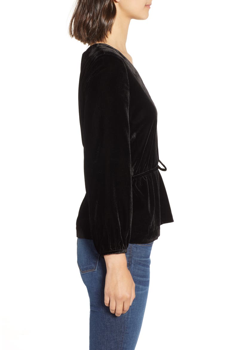 Faux Wrap Velvet Top, Alternate, color, BLACK