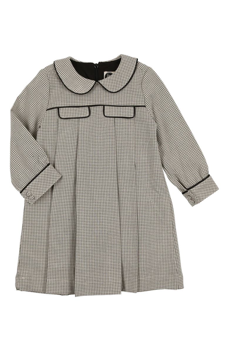 Manière Kids' Check Pleated Long Sleeve Dress, Main, color, Black/ White