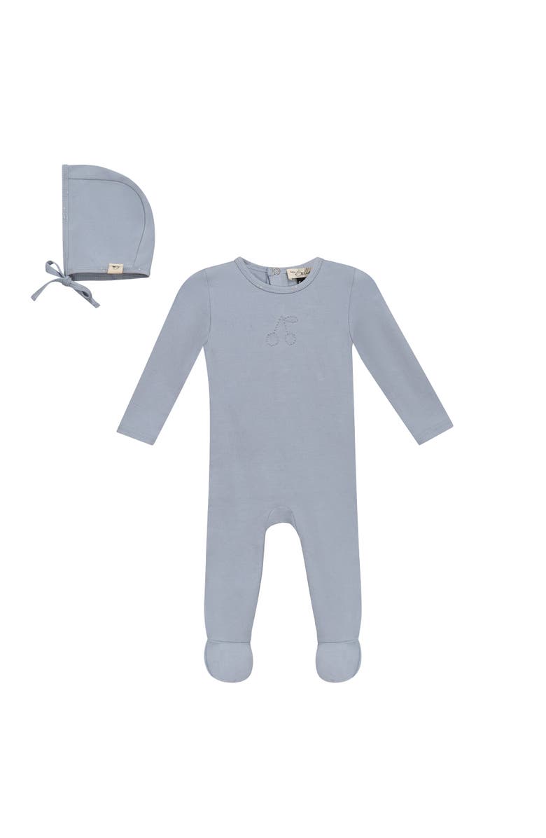 Bebe Bella Cherry Print Romper and Bonnet Set, Main, color, Blue
