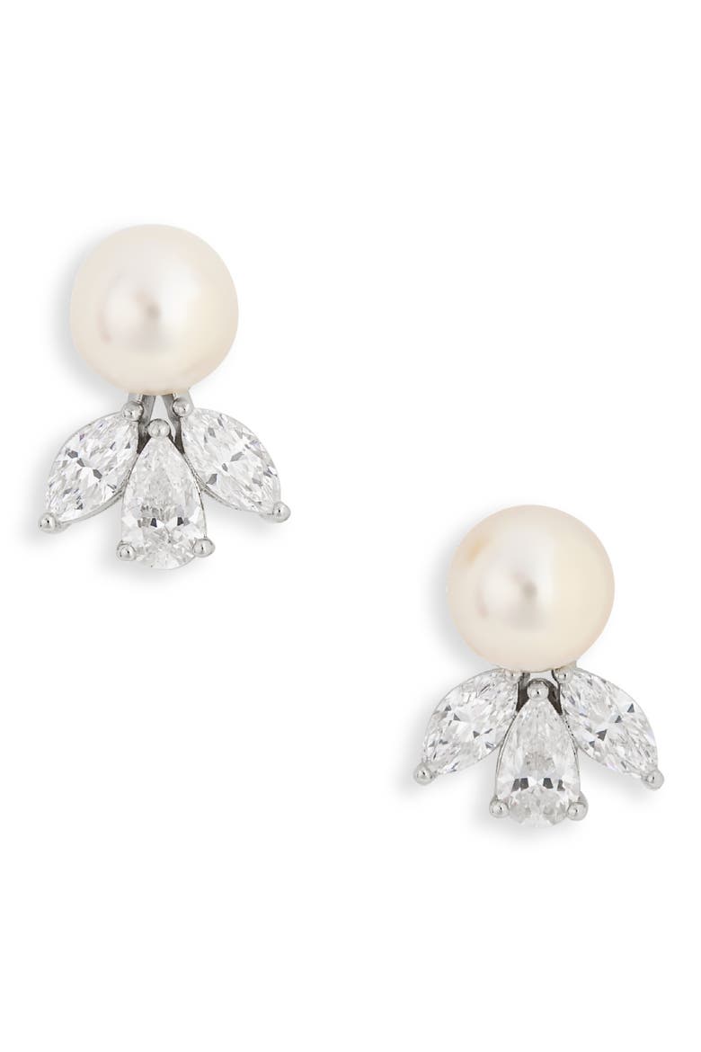 Chiara Faux Pearl & Cubic Zirconia Stud Earrings, Main, color, RHODIUM