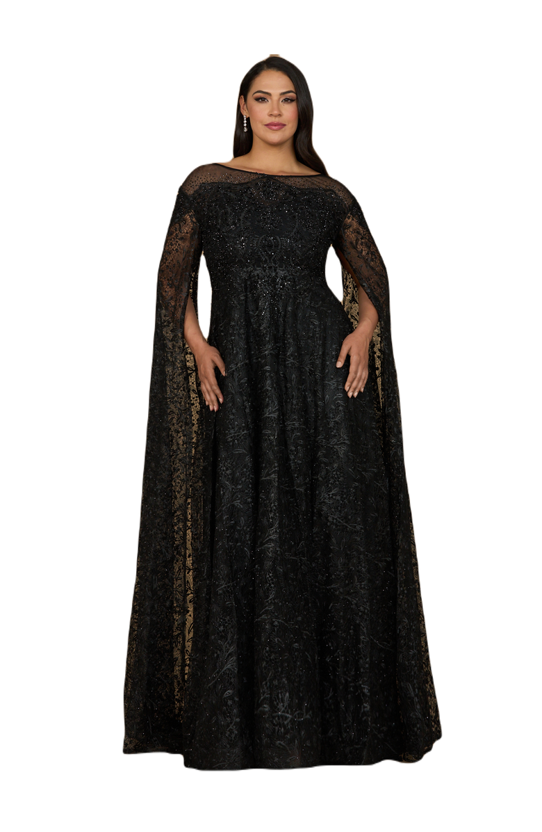 LARA New York Lace Gown with Dramatic Cape Sleeves, Main, color, Black