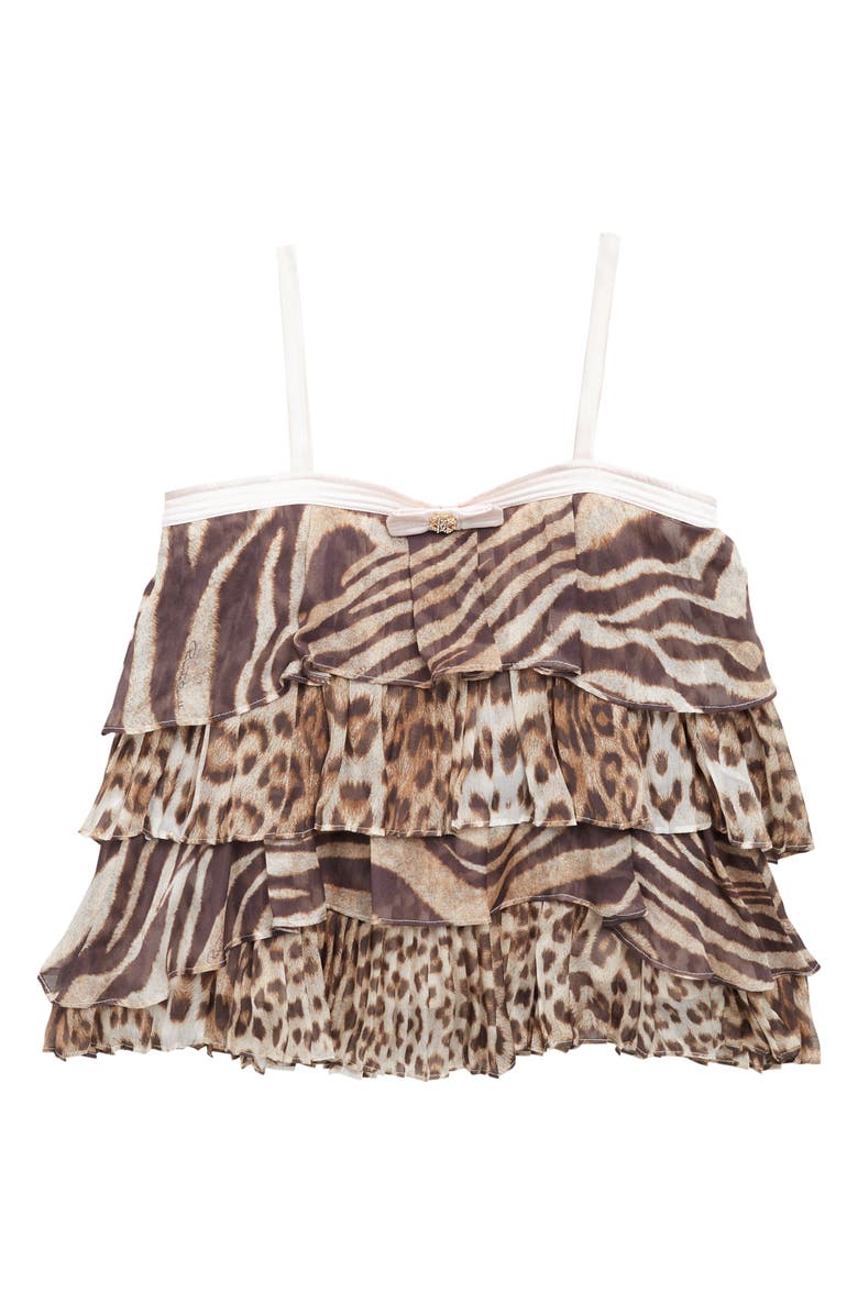 Roberto Cavalli Kids' Animal Print Ruffle Silk Dress, Main, color, 