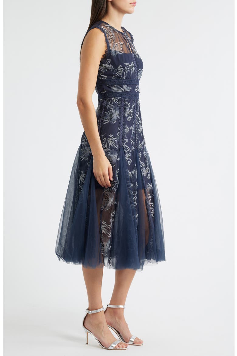 Serenity Floral Jacquard Godet Pleat Cocktail Midi Dress, Alternate, color, NAVY
