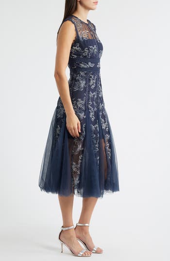Serenity Floral Jacquard Godet Pleat Cocktail Midi Dress