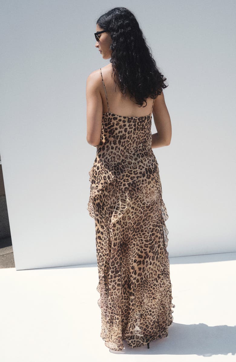 MANGO Animal Print Ruffle Slipdress, Alternate, color, Ecru